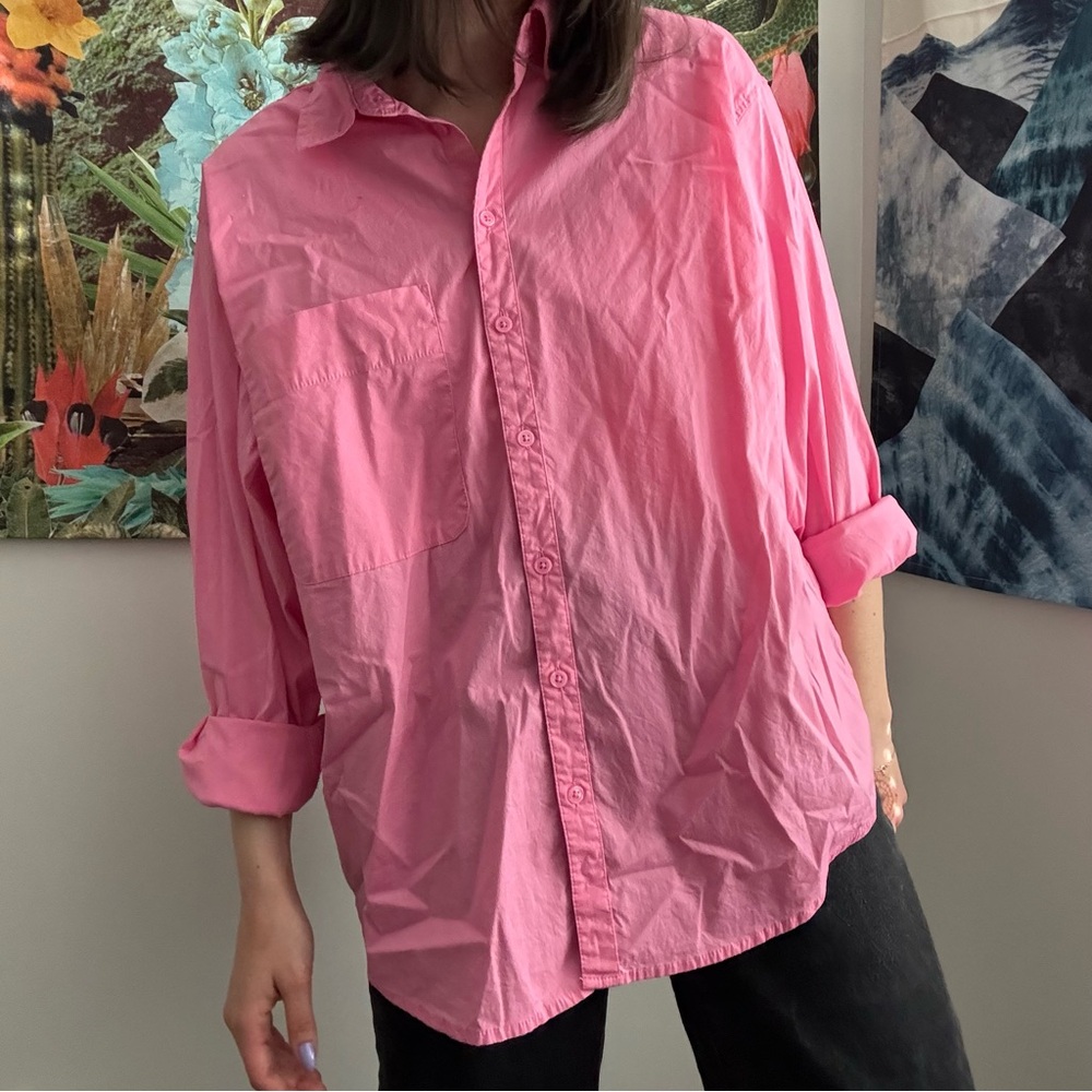 Pink cotton oversized button up shirt with pocket